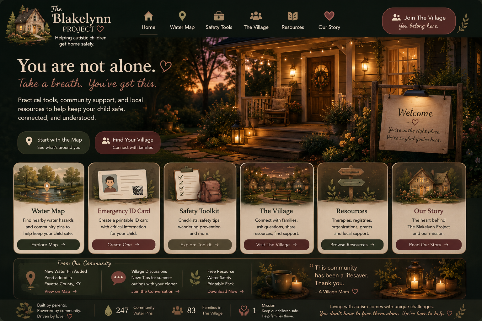 A cozy warm porch and gentle website concept for The Blakelynn Project